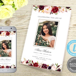 Sjabloon begrafenisprogramma, Floral Memorial-programma, uitnodigingskaart begrafenis, foto, bewerkbare herdenkingsdienst, direct downloaden, GRATIS demo, E170