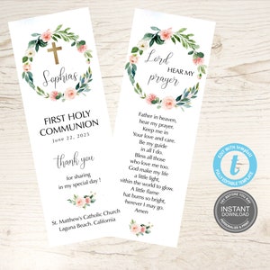 Floral First Communion Prayer Card Template, Baptism, Bookmark, Girl, Gold Cross, Blush Pink, First Holy Communion, first prayer  E415