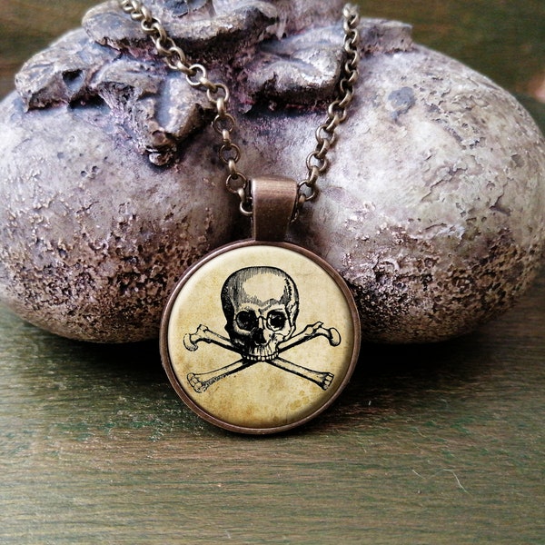 Tête de Mort ,Collier Pirate ,collier pendentif antique ,collier cabochon, collier illustration tête de mort pirate