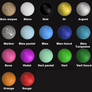 May include: A chart of 24 colored spheres, each with a French word label underneath. The colors include wood tones, metallics, pastels, and primary colors.