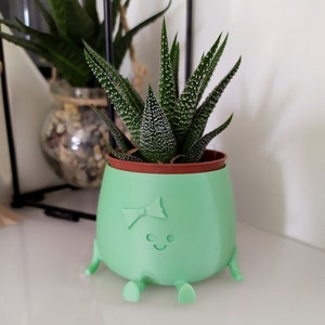 May include: A green ceramic planter with a smiling face and a bow, shaped like a cartoon character, with four legs. A succulent plant is growing in the planter.