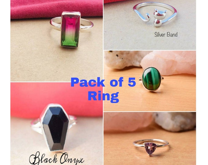 Wholesale Ring Value Pack Artisan Gift Ring Lot Gemstone Ring Natural Gemstone Silver Ring Pack 5 Ring Pack in 925 Sterling Silver