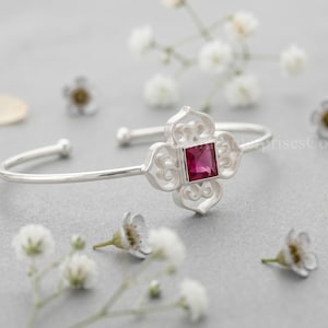Natural Pink Ruby Cuff Bracelet Silver Plated Brass Open Bangle Faceted Square Gemstone Minimalist Elegant Jewelry Gift