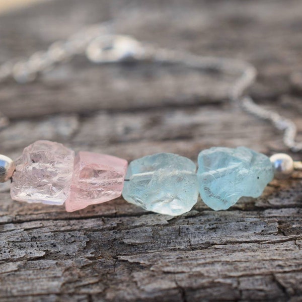 Natural Raw Aquamarine and Morganite Bracelet in 925 Sterling Silver, Dainty, Rough Gemstone Bracelet, Uncut Stone Bracelet, Birthstone Gift