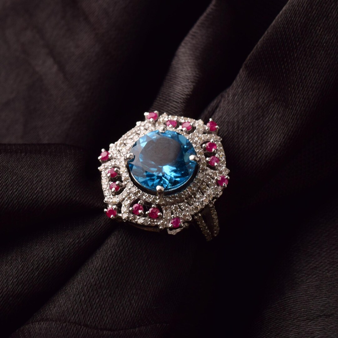 Blue Ruby Diamond Natural Blue Topaz, Ruby, Diamond Ring in 925 Sterling Silver ...