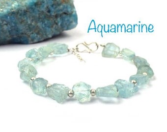Natural Raw Aquamarine Bracelet 925 Sterling Silver | Rough Blue Gemstone Bracelet | Dainty Uncut Stone Jewelry Gift for Her