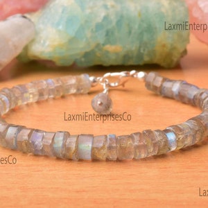 Natural Faceted Labradorite Bracelet In 925 Sterling Silver, Heishi Shape, Flashy Labradorite, Dainty Bracelet, Gemstone Bracelet, Gift Her