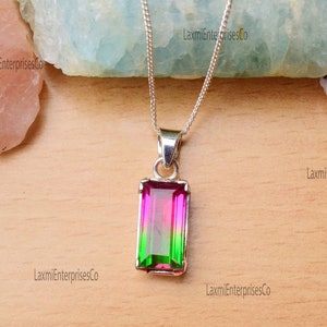 Bi-Color Watermelon Tourmaline Pendant in 925 Sterling Silver, Quartz Pendant, Gemstone Necklace, Baguette Shape, Silver Jewelry, Gift Her