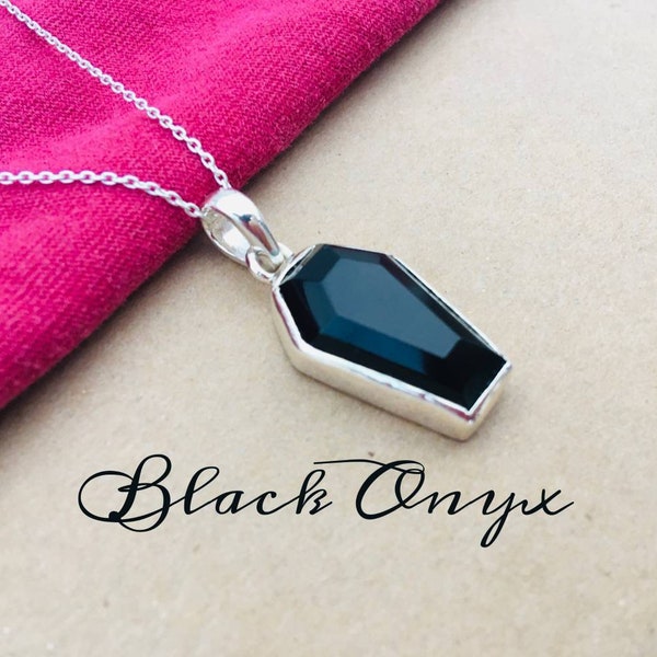 Black Onyx Coffin Pendant in 925 Sterling Silver, Gemstone Necklace, Unusual Pendant, Silver Jewelry, Silver Wire, Dainty Pendant, Gift Her