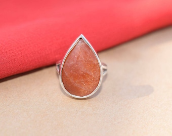 Natuurlijke zonnesteen perenring in 925 Sterling Zilver, Sunstone Ring, Artisan Ring, Zilveren Sieraden, Designer Ring, Birthstone Ring, Cadeau voor haar