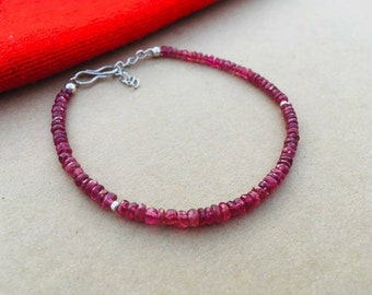 Natural Ruby Faceted Bracelet in 925 Sterling Silver, Beaded Bracelet, Dainty Bracelet, Gemstone Bracelet, Birthstone Bracelet, Gift For Her