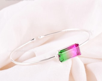 Watermelon Tourmaline Cuff Bracelet Sterling Silver, Bi-Color Baguette Gemstone Bangle, Handmade Jewelry, Gift for Her, Adjustable Cuff