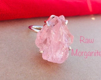 Natural Raw Morganite Ring In 925 Sterling Silver, Artisan Ring, Silver Jewelry, Designer Ring, Birthstone Ring, Handmade, Rough, Gift  Her