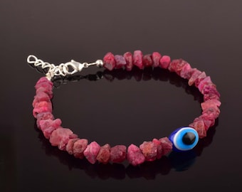 Natural Raw Red Spinel Evil Eye Bracelet, 925 Sterling Silver Bracelet, Protection Jewelry, Gemstone Bracelet Gift for Her