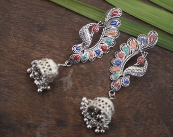 Pendiente de plata alemana, pendientes afganos, pendientes de borla, plata oxidada, étnico, tradicional, pendientes indios, pendientes artesanales, joyería