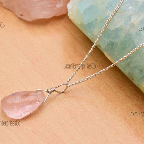 Natural Raw Morganite Pendant in 925 Sterling Silver, Rough Gemstone Necklace, Uncut Morganite, Stone Pendant, Birthstone, Gift For Her