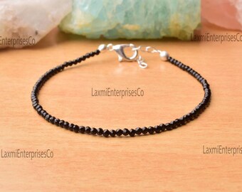 Natural Black Spinel Bracelet in 925 Sterling Silver, Beaded Bracelet, Dainty Bracelet, Gemstone Bracelet, Black Stone Bracelet, Gift Her