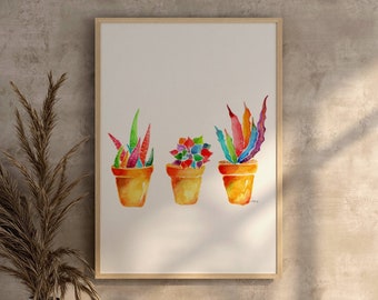 Succulent Watercolor  Handmade Art Print, Botanical Plants Potted Decor