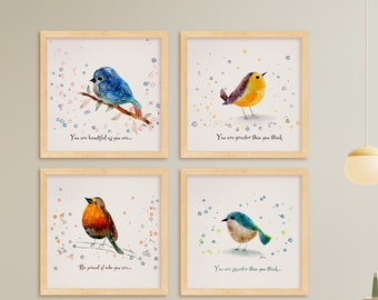 Watercolor Bird Nursery Art Prints | Set of 4 Animal Wall Decor for Baby Room