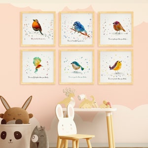 Little Bird Art 6er-Set Drucke mit Zitaten | Digitale Kunstdrucke | Kinderzimmer Wand Kunst | Waldvogel Kunst | Ermächtigendes Baby-Vogel-Kunst-Geschenk