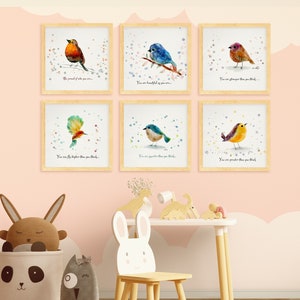 Little Bird Art  Set of 6 Prints with Quotes | Digital Art Prints | Nursery Wall Art | Woodland Bird Art | Empowering Baby Bird Art Gift