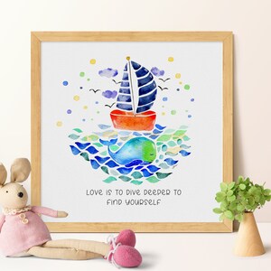 Nautical Nursery Decor for Baby Boy, Ocean Nursery Handmade Watercolor Art, Boy Room Wall decoration, Cute Little Whale Square Art Print