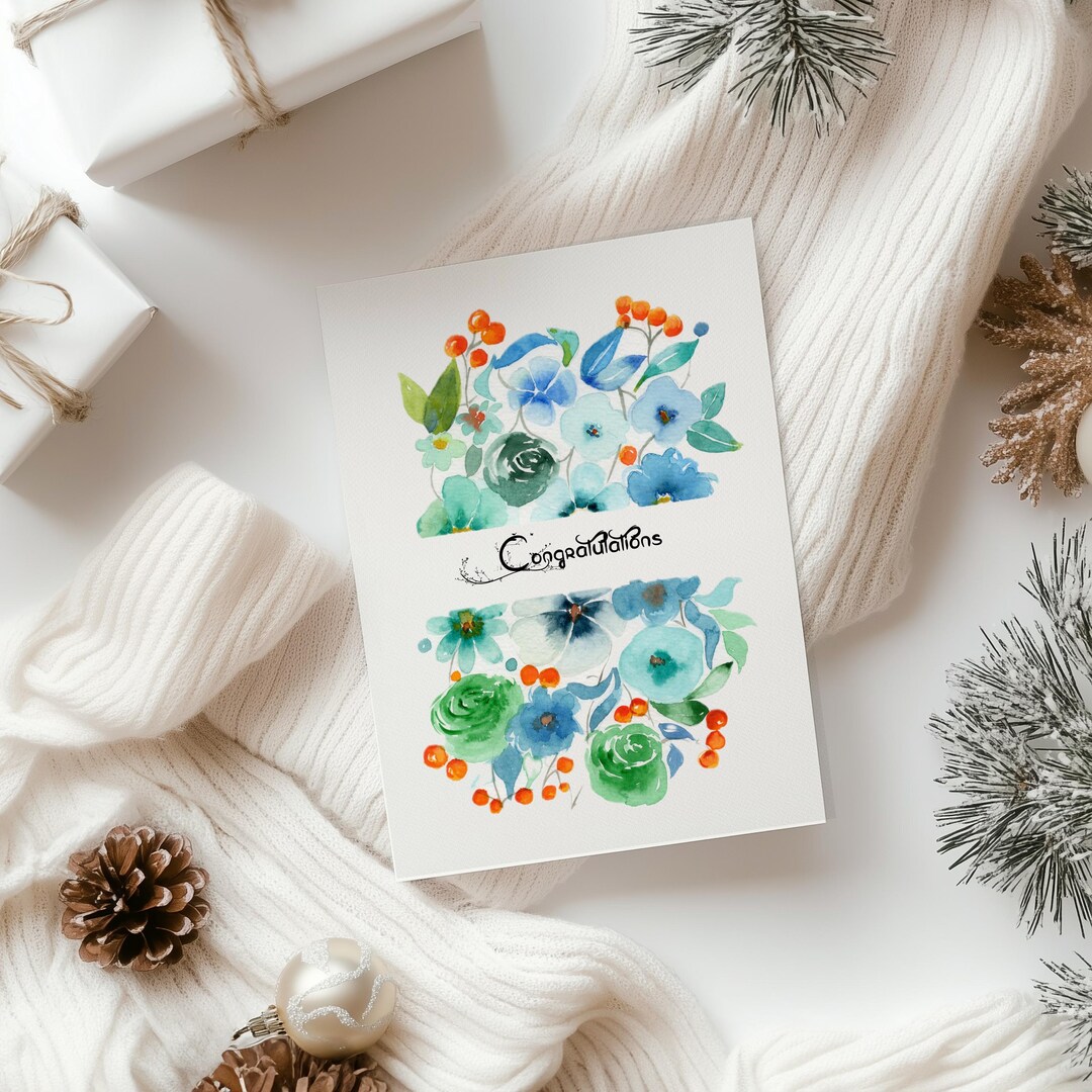 Handmade Floral Watercolor Greeting Card With Blessing | Blue Green ...