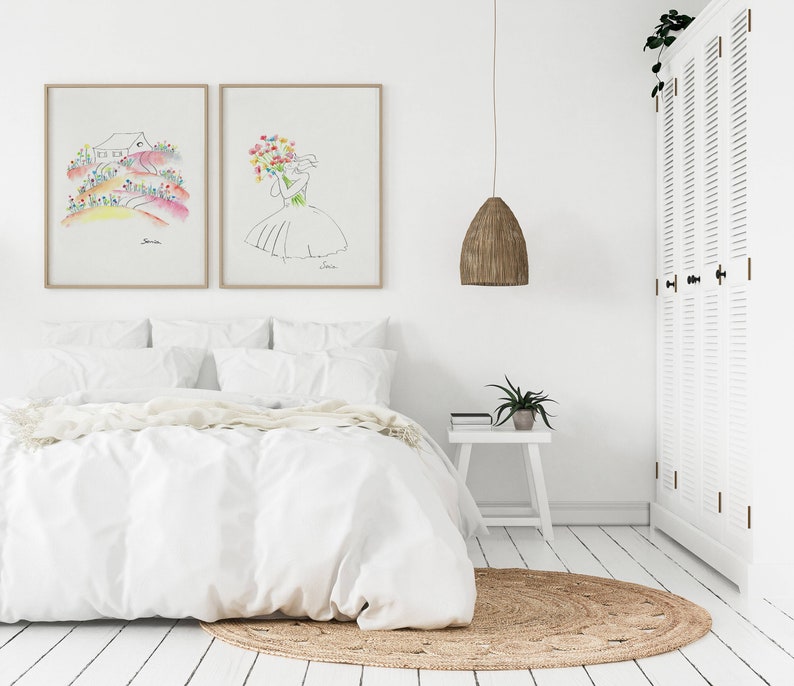 Watercolor Illustrated Artwork Bedroom Wall Decor Etsy