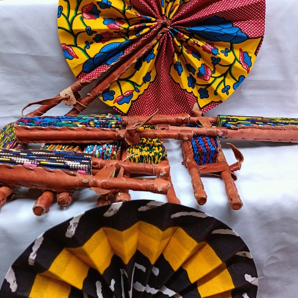 ONSALE.Wholesale Random Ankara Folding fabric fans Set of 3. kente African Hand fan/ Gift Items Fabric leather fan. African Folding Fans.