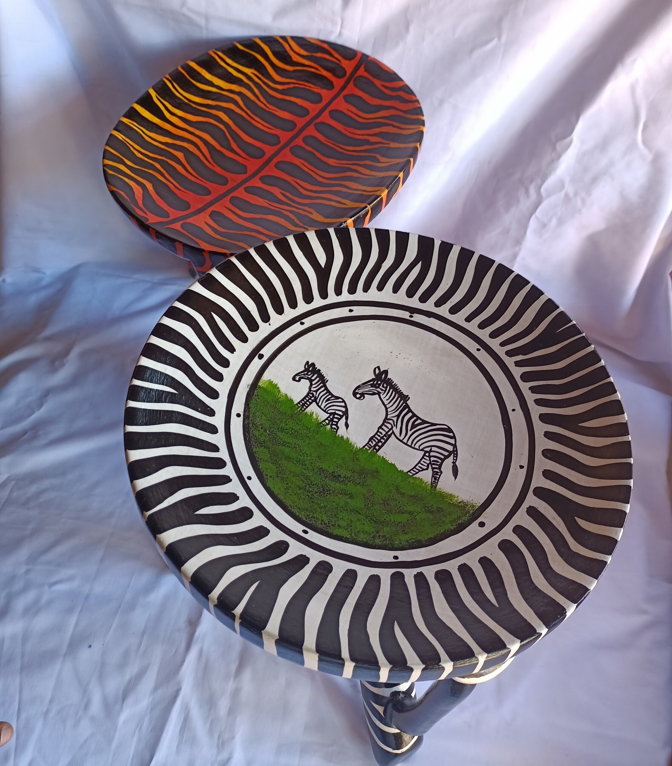 Two Gorgeous Hand Carved Tiger and Zebra 3 Legged Stools Set
