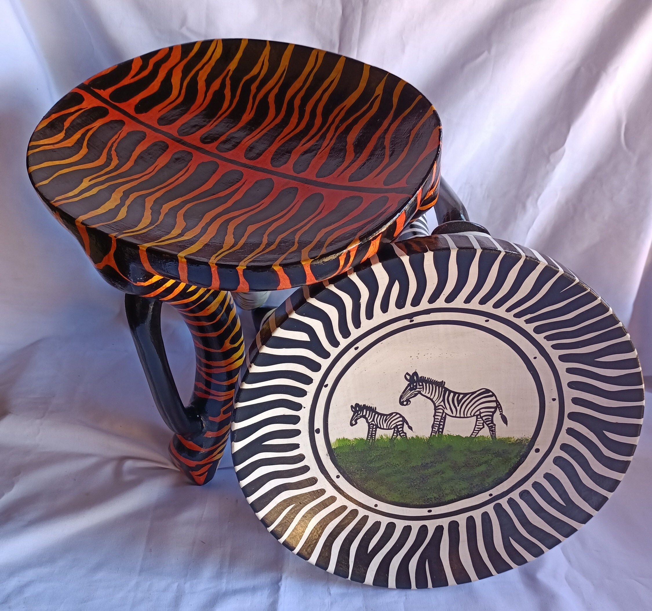 Two Gorgeous Hand Carved Tiger and Zebra 3 Legged Stools Set