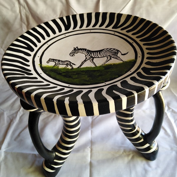 Authentic Beautifully Handcrafted African Personalised Zebra Themed Stool. Wooden wood Wildlife Stool. Three leg/Handle Home Decor Gift item