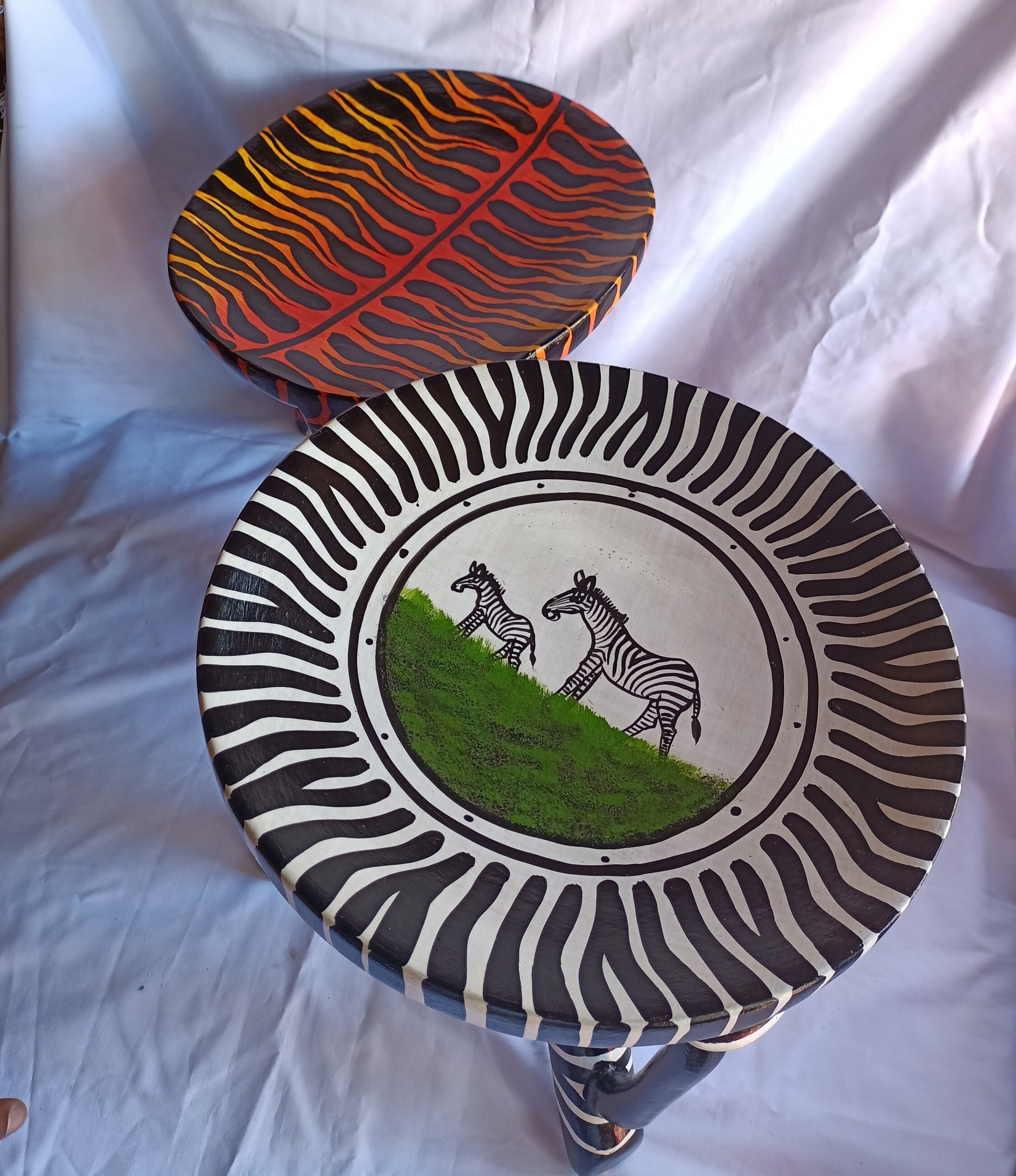 Two Gorgeous Hand Carved Tiger and Zebra 3 Legged Stools Set