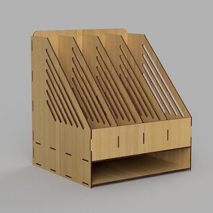 May include: A light brown wooden desk organizer with multiple angled compartments and a lower shelf. The organizer has a series of diagonal cutouts on the sides and top, providing a modern, minimalist design. Ideal for office or home organization.