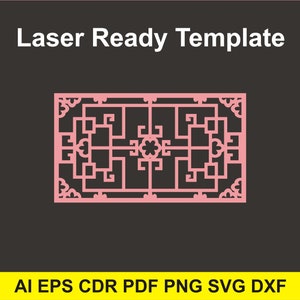 May include: A pink laser-cut template with an intricate geometric design, set against a dark gray background. The text "Laser Ready Template" is at the top. The bottom banner lists file formats: AI EPS CDR PDF PNG SVG DXF.