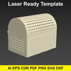 May include: A laser-cut template for a wooden treasure chest. The chest is made of a series of small circles that create a pattern. The template is ready to be cut on a laser cutter.