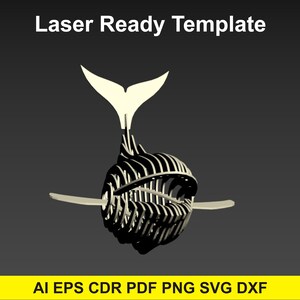 May include: A laser-cut template of a whale, featuring a tail and a body constructed from layered, curved lines. The design is in black and off-white, with the text "Laser Ready Template" at the top and file format options at the bottom.