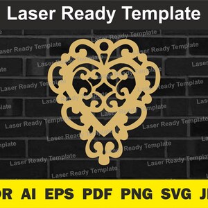 May include: A laser-cut template of a decorative heart design. The template is in a gold color and has intricate details. The template is ready to be cut with a laser cutter.
