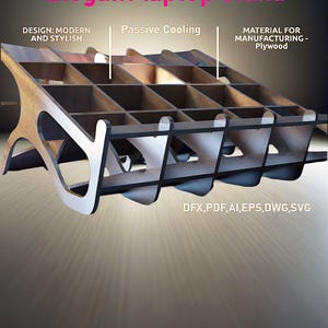 May include: A wooden laptop stand with a modern design. The stand has a grid pattern for passive cooling and is made of plywood. The stand is shown on a wooden surface. DFX, PDF, AI, EPS, DWG, SVG.