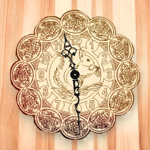 May include: A wooden clock with a light brown finish. The clock face features a squirrel design in the center, surrounded by numbers and decorative elements. The clock hands are black. The clock is round with a scalloped edge.