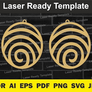 May include: Two laser-cut, gold-colored earrings with a circular design featuring a spiral pattern. The earrings are shown against a dark brick background. The image also includes the text "Laser Ready Template" and file format options.