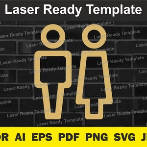 Könnte beinhalten: Eine Laser-Schneidevorlage für ein Paar geschlechtsneutrale Toilettenzeichen. Die Schilder sind in Gold auf einem schwarzen Ziegelhintergrund umrandet. Der Text "Laser Ready Template" wird im gesamten Bild wiederholt.