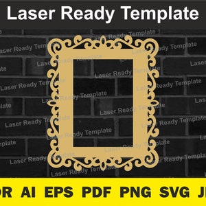 May include: A laser-cut template for a decorative frame with a detailed ornate design. The template is ready to be used with a laser cutter to create a beautiful frame for a picture or mirror.