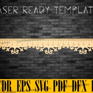 Può includere: Un righello dorato con un design decorativo nella parte inferiore. Il righello è contrassegnato da numeri da 0 a 20. Il testo "Laser Ready Templates" è visibile nella parte superiore dell'immagine.