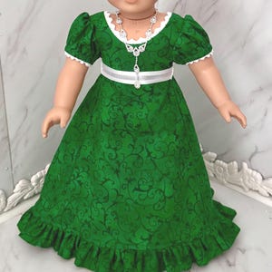 Green Regency Era Print Dres with Belt and Long Rhinestone Necklace for 18&quot; Doll