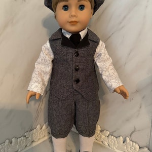 Boy's Dark Gray Knicker Suit with Light Gray Print Shirt, Lined Vest, Tie and Hat for 18" Doll