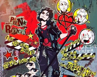 Könnte beinhalten: Digitale Illustration mit Punkrock-Thema. Das Kunstwerk zeigt eine stilisierte Figur mit einem Mikrofon, umgeben von Text und Grafiken, darunter die Wörter "Punk Rock", "The Riot Squad" und "Desolation Row". Die Farbpalette umfasst Rot, Schwarz, Gelb und Weiß.