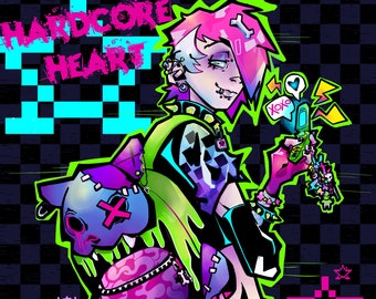 May include: Digital illustration of a person with pink and white hair, wearing a neon green and black outfit, holding a cell phone with a heart and the text "xoxo". The background is a checkered pattern with the words "Hardcore Heart".