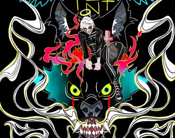 Könnte beinhalten: Digitaler Kunstdruck mit einem schwarzen Wolfskopf und einer Figur in einer schwarzen Jacke. Das Kunstwerk enthält den Text "SHZN" und "TELL ME I'M A BAD MAN KICK ME LIKE A STRAY." Das Bild hat eine dunkle, gotische Ästhetik.