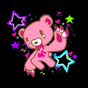 May include: Pink cartoon bear illustration with brown outlines, dripping red blood, and a menacing claw. The design includes purple, green, and blue stars on a black background. The bear has a distressed expression.